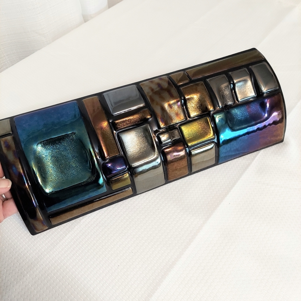 Artisan Black Glass Tealight Holder Dichroic Fused Wall Hanging Signed